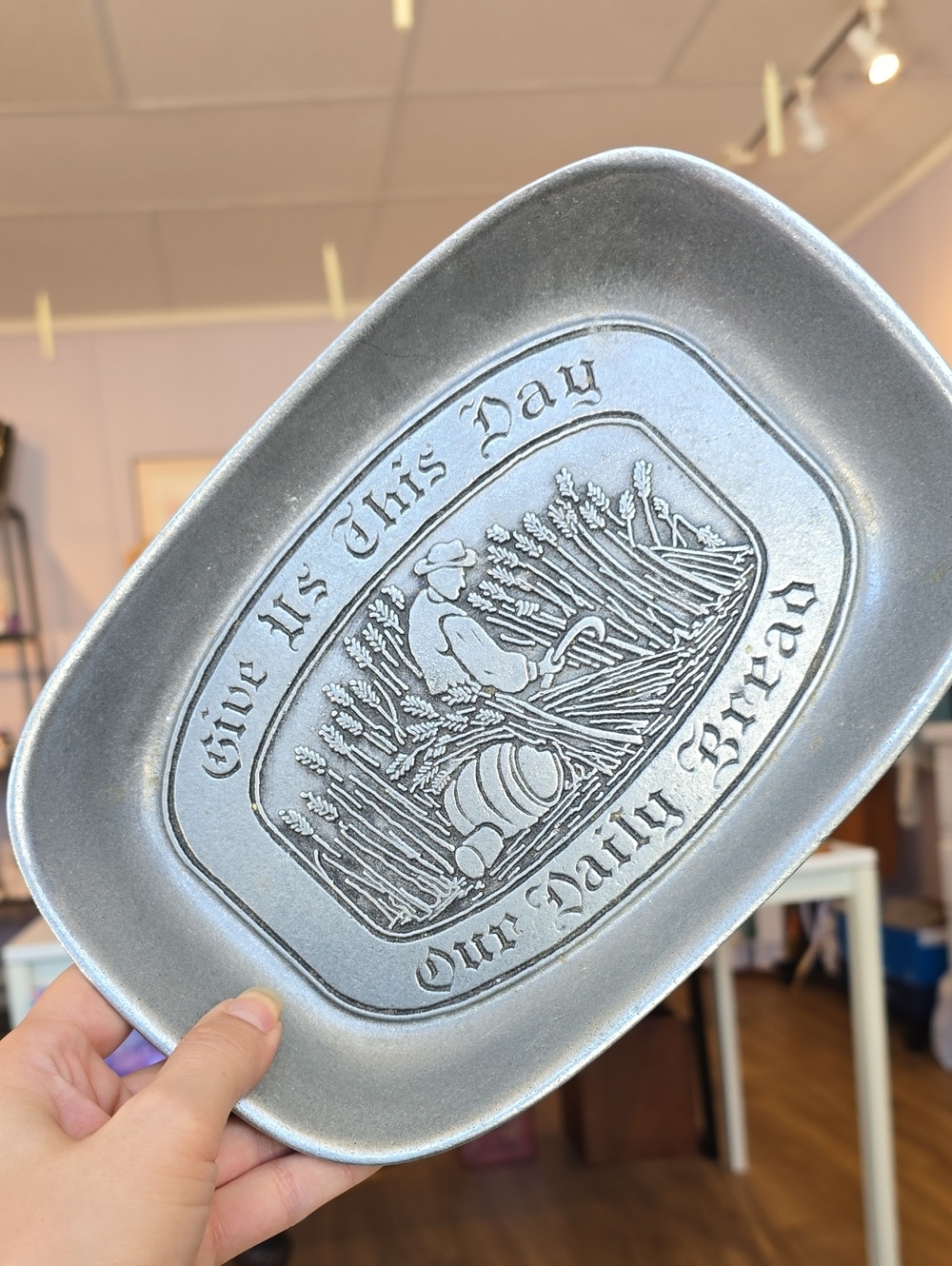 VTG Give Us This Day Our Daily Bread Pewter Decorative Tray